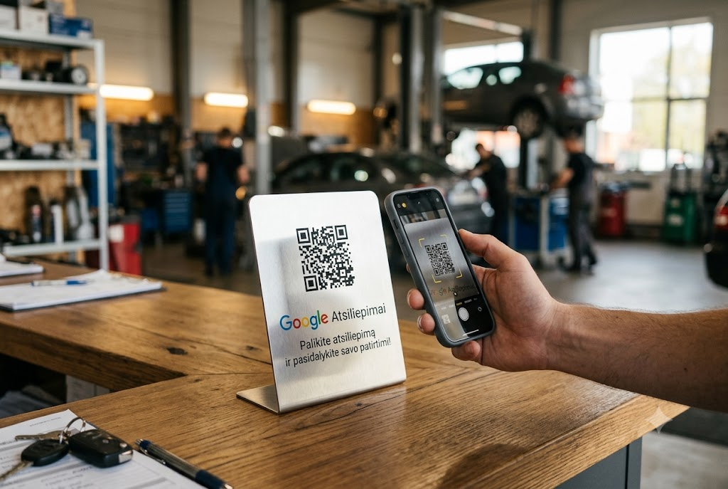 Klientas telefonu skenuoja Google atsiliepimų QR stovelį autoservise
